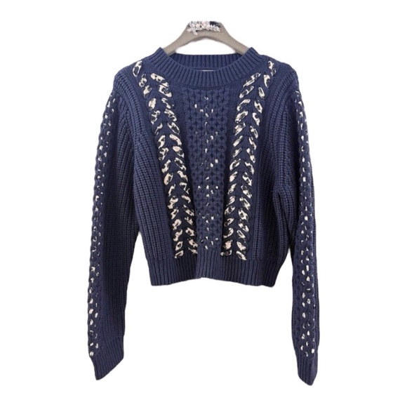 Jason Wu Collective Woven Detail Sweater Crew Neck Dark Blue Size Medium - Picture 5 of 9